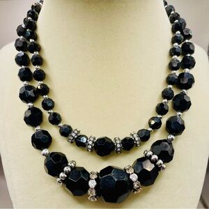 2 faceted black beads necklaces with rhinestone accent and silver bead spacers